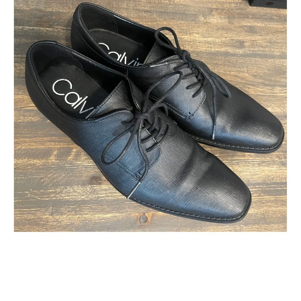 Calvin Klein Ridge Black Textured Leather Square Toe Dress Shoes Mens 10 34F9431